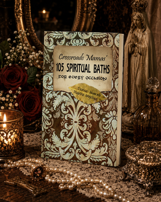 Decorative book titled '105 Spiritual Baths' with mystical ambiance featuring candles and statues.
