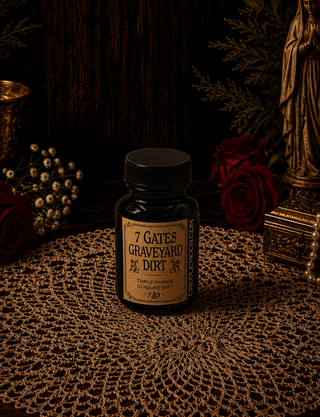 Bottle of '7 Gates Graveyard Dirt' on a textured surface with decorative elements.