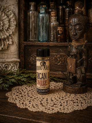 Bottle of 'African Voodoo Conjure Oil' on a textured surface with decorative background