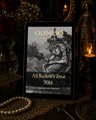 Digital book cover of 'Gumbo Ya'as All Hallow's Zino 2014' displayed on a tablet with a dark, mystical background.