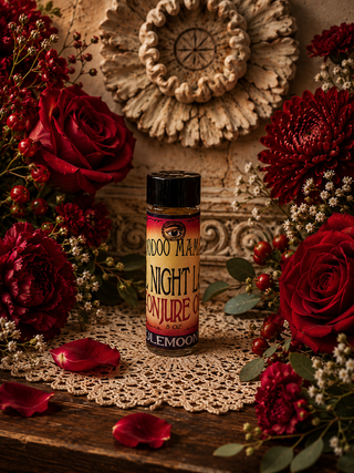Bottle of All Night Long Conjure Oil surrounded by red roses on a decorative surface.