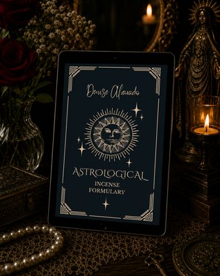 Tablet displaying an astrological incense formulary with decorative elements and candles in the background