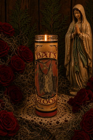 Candle labeled 'BAT'S BLOOD' with a statue of a religious figure and red roses on a dark background