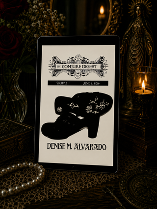 Digital book cover of 'Conjure Digest' by Denise M. Alvarado on a tablet with candles and decorative items in the background.