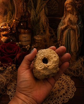 Hand holding a crawfish hole in front of a mystical setting with a statue and bottles.