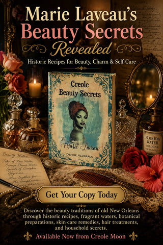Promotional image for 'Marie Laveau's Beauty Secrets Revealed' with vintage-style packaging and decorative elements.