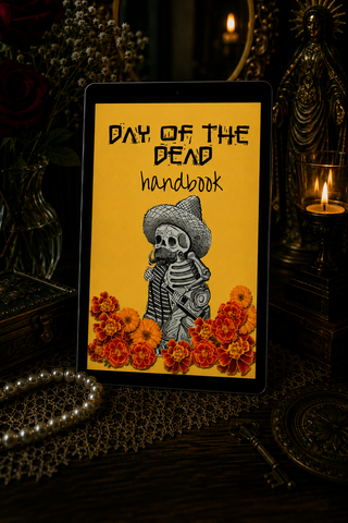 Book titled 'Day of the Dead Handbook' with a skeleton and flowers on an orange background, surrounded by candles and decorative items.