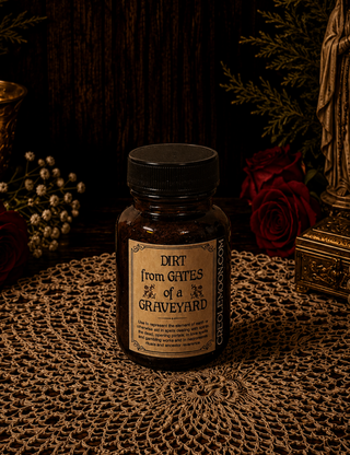Bottle labeled 'Dirt from Gates of a Graveyard' on a textured surface with decorative elements.