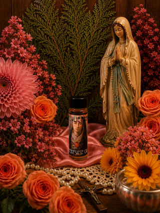 Statue of a religious figure surrounded by flowers and a bottle of perfume on a wooden surface.