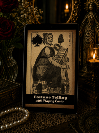 Book with a person holding a book titled 'Fortune Telling' in a mystical setting with candles and flowers.