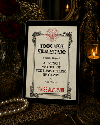 Hoodoo Almanac Special Report of a French method of Fortune-Telling book cover on a digital device with candles and flowers in the background