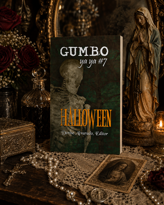 Book titled 'GUMBO ya ya #7 Halloween' on a table with decorative items