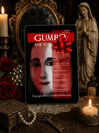 Gumbo ya ya 4 book cover on a digital device with candles, roses, and a statue in the background