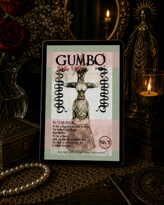 Magazine cover titled 'Gumbo' displayed on a digital device with a mystical background.