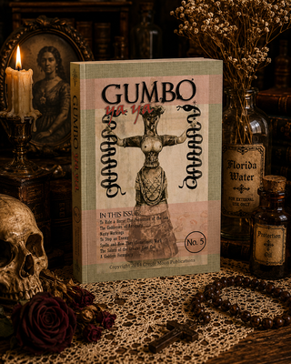 Book titled 'Gumbo' with a vintage aesthetic, surrounded by decorative items like a skull and bottles.