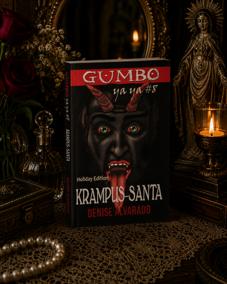 Book titled 'Gumbo Ya Ya #8 Krampus Santa' by Denise Alvarado on a dark background with candles and decorative items.