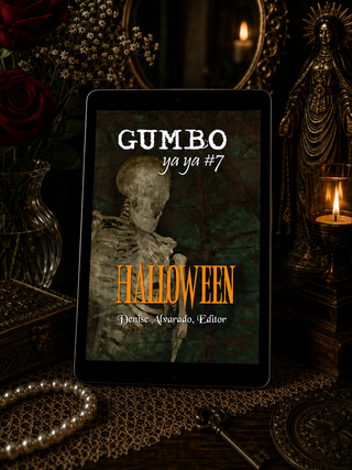Digital book cover of 'Gumbo ya ya #7 Halloween' on a tablet with a dark, Halloween-themed background.