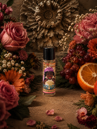 Small bottle with a label featuring a person in a purple hat surrounded by flowers and fruits.