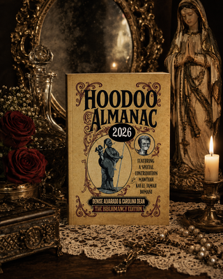 Hoodoo Almanac 2026 book with vintage decor including a mirror, statue, and candle.