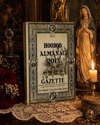Hoodoo Almanac 2013 Gazette on a lace tablecloth with candles and a statue in the background