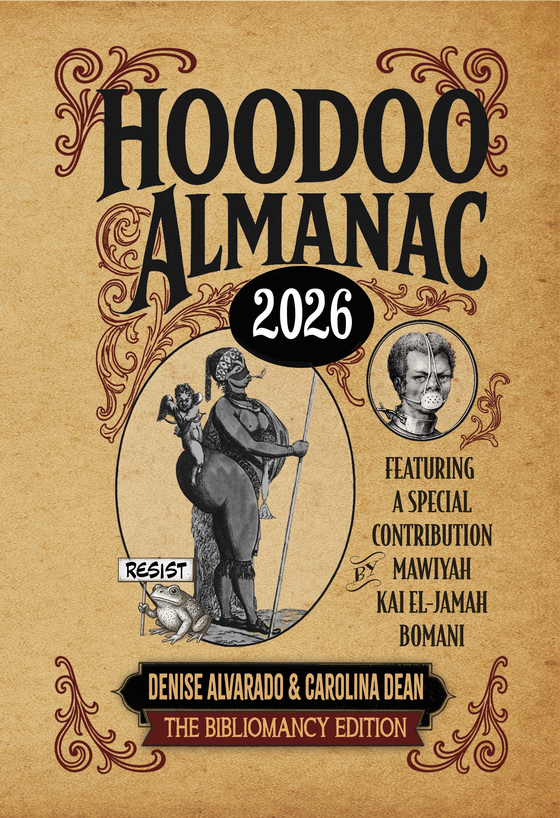 Front cover of Hoodoo Almanac 2026: The Bibliomancy Edition, featuring vintage conjure imagery and mystical motifs