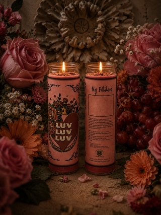 Two pink candles with decorative text surrounded by flowers on a textured surface
