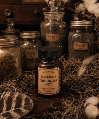 Bottle labeled 'Mud from a Cliff Swallow Nest' among other labeled jars on a rustic background.