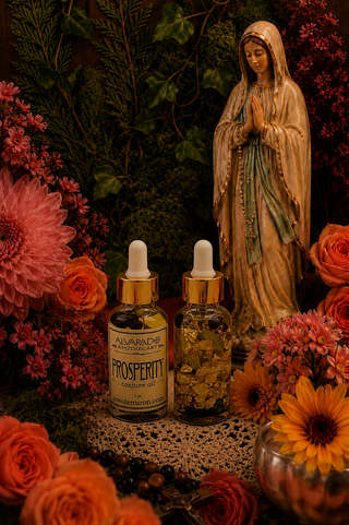 Two bottles of 'Prosperity' oil with a statue of a religious figure and flowers in the background.