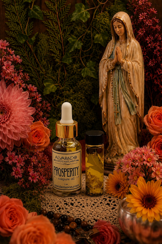 Alvarado Apothecary Prosperity esoteric oil bottle with a statue of a draped figure and flowers.