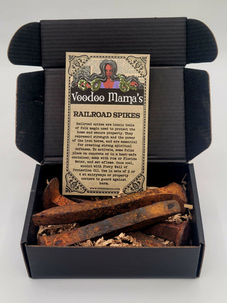 Box of Voodoo Mama's Railroad Spikes with a label inside
