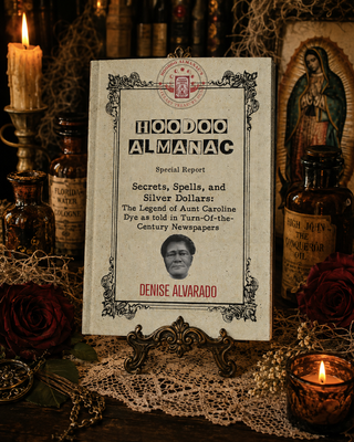 A book titled "Secrets, Spells, and Silver Dollars" by Denise Alvarado stands upright on a small decorative stand, surrounded by candles, bottles, lace, and red roses in a dark, moody setting.