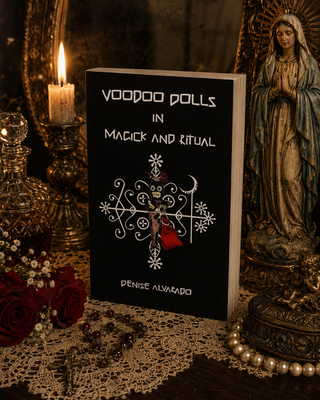 Book titled 'Voodoo Dolls in Magick and Ritual' by Denise Alvaredo on a table with candles and religious statue.