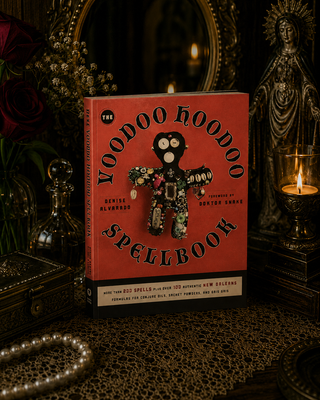 Red book titled 'Voodoo Hoodoo Spellbook' with mystical decor including candles and a mirror.