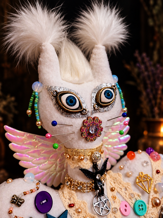 A whimsical handmade doll or decorative figure with fluffy white ears, large jeweled eyes, pink iridescent wings, and many colorful buttons, beads, and metallic embellishments against a dark blurred background.