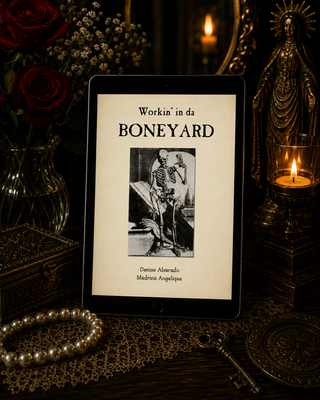 Digital book cover of 'Workin' in da Boneyard' displayed on a tablet with candles and decorative items in the background.