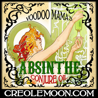 Absinthe oil label with swirling green and yellow graphics, featuring wormwood leaves and vintage text for a mystical, apothecary feel.