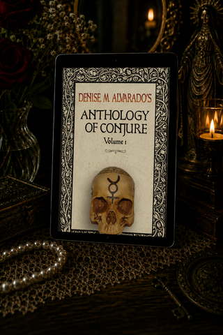 Digital book cover of 'Denise M. Alvarado's Anthology of Conjure' on a tablet with a skull illustration, surrounded by candles and decorative items.
