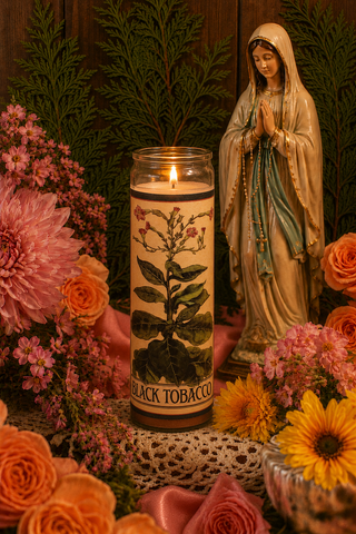 Candle with botanical design and statue of a religious figure surrounded by flowers