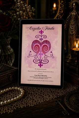 Digital tablet displaying a purple and pink design on a dark, decorative background with candles and jewelry.