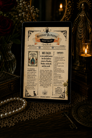 Hoodoo Almanac Hex Tales on a tablet with candles and decorative objects in the background