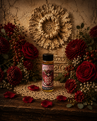Luv Luv Luv oil bottle with red flowers on a textured surface