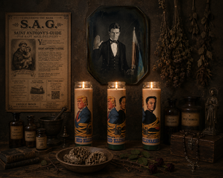Vintage-style room with candles, bottles, and a portrait on a dark background